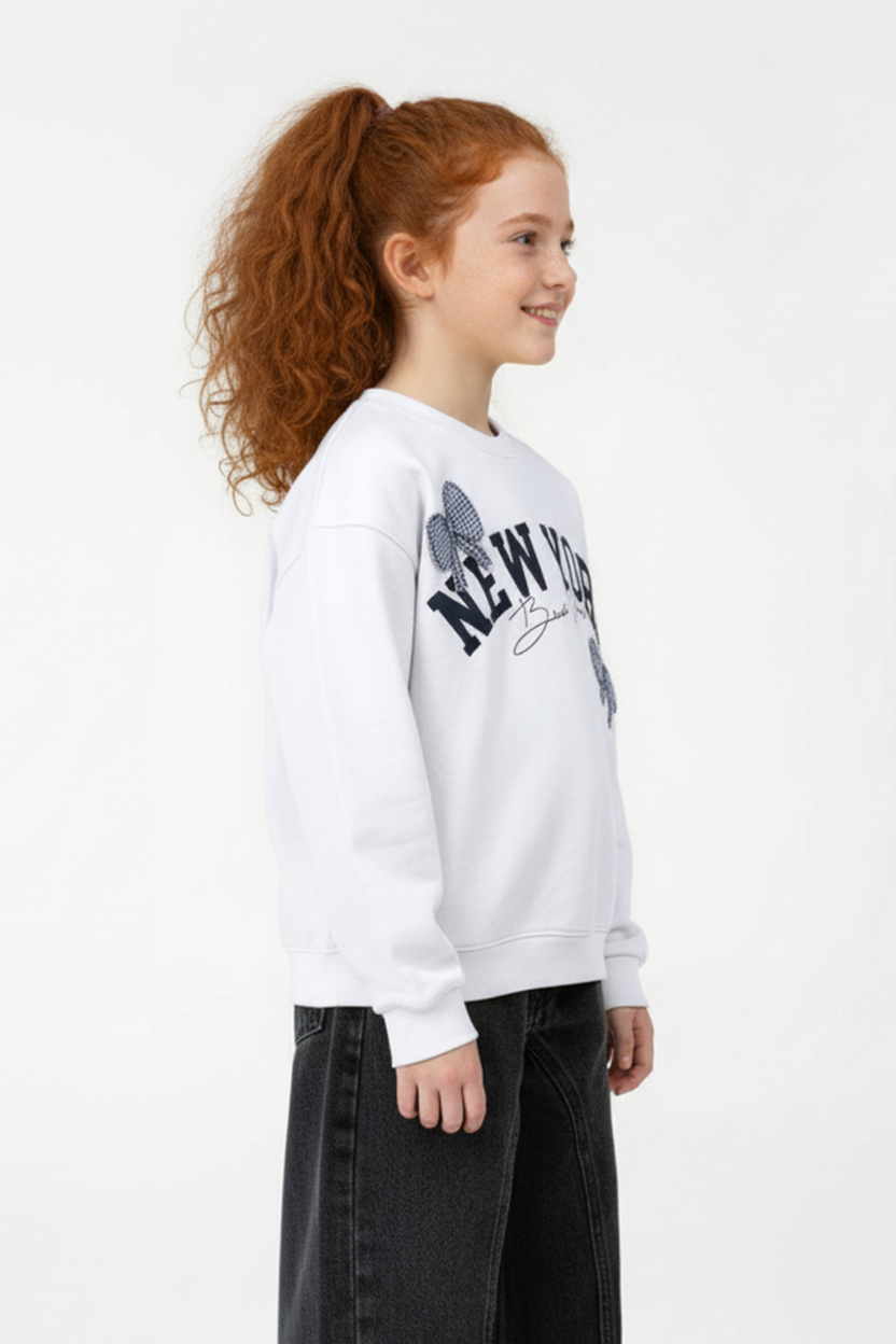 Girl’s Slim Fit Melton Round Neck Front Print Sweatshirt