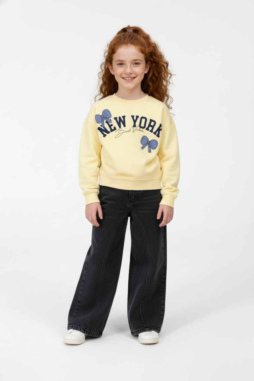 Girl’s Slim Fit Melton Round Neck Front Print Sweatshirt