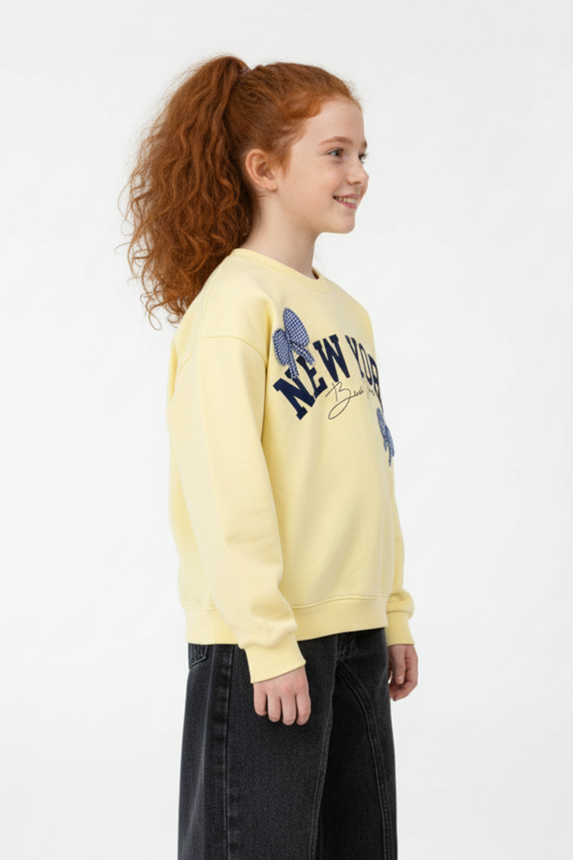 Girl’s Slim Fit Melton Round Neck Front Print Sweatshirt