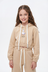 Girl's Tomato Store Slim Fit Outfit Set Hooded Playful Duck Graphic Drawstring Detail