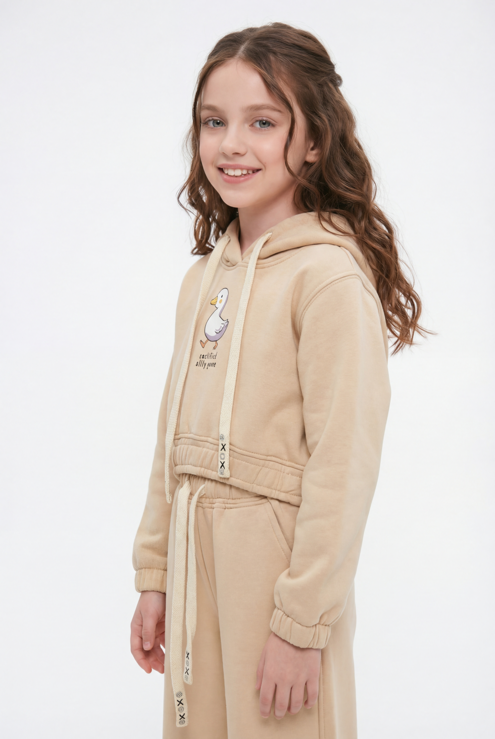 Girl's Tomato Store Slim Fit Outfit Set Hooded Playful Duck Graphic Drawstring Detail
