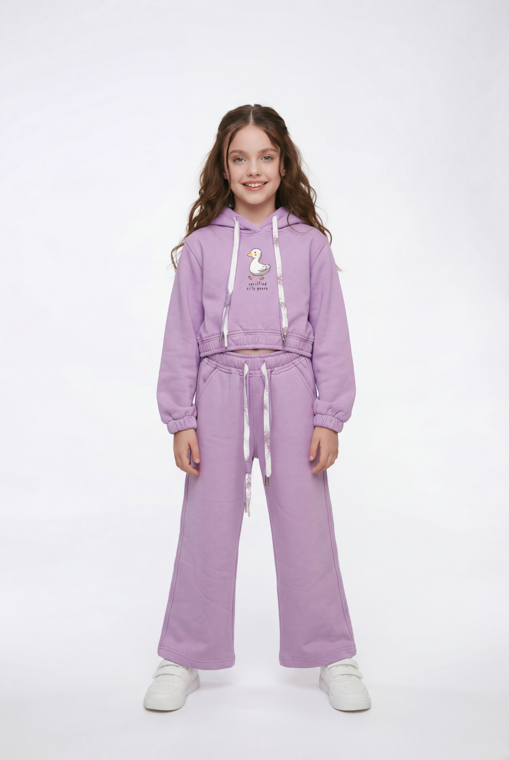 Girl's Tomato Store Slim Fit Outfit Set Hooded Playful Duck Graphic Drawstring Detail
