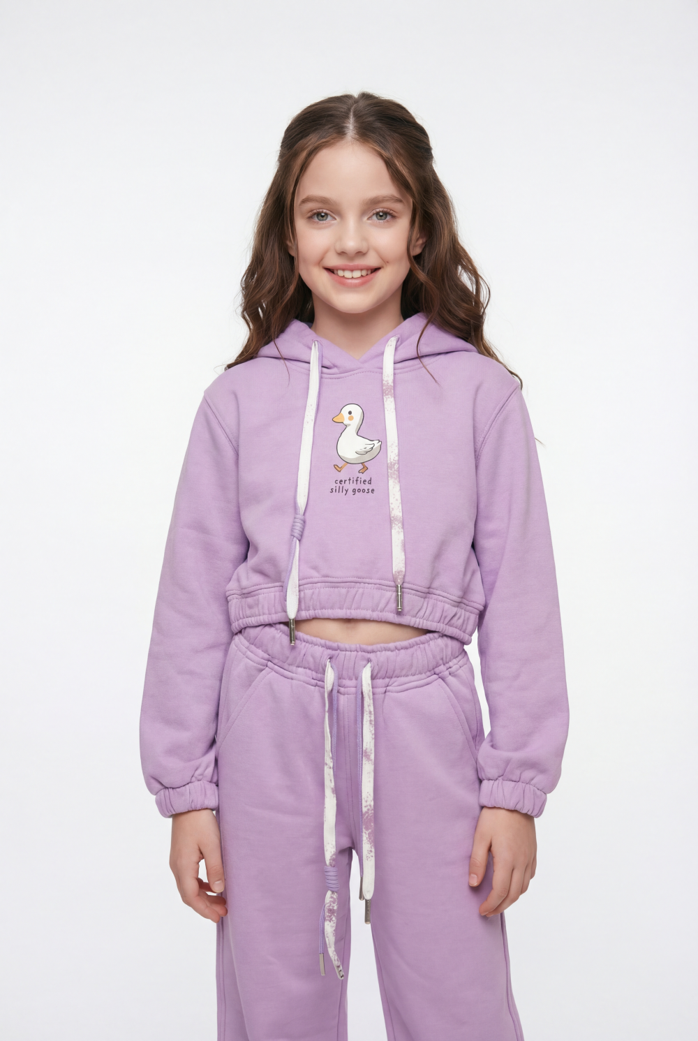Girl's Tomato Store Slim Fit Outfit Set Hooded Playful Duck Graphic Drawstring Detail