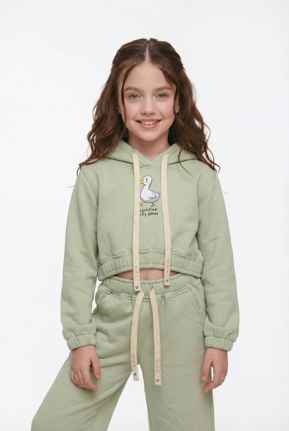 Girl's Tomato Store Slim Fit Outfit Set Hooded Playful Duck Graphic Drawstring Detail