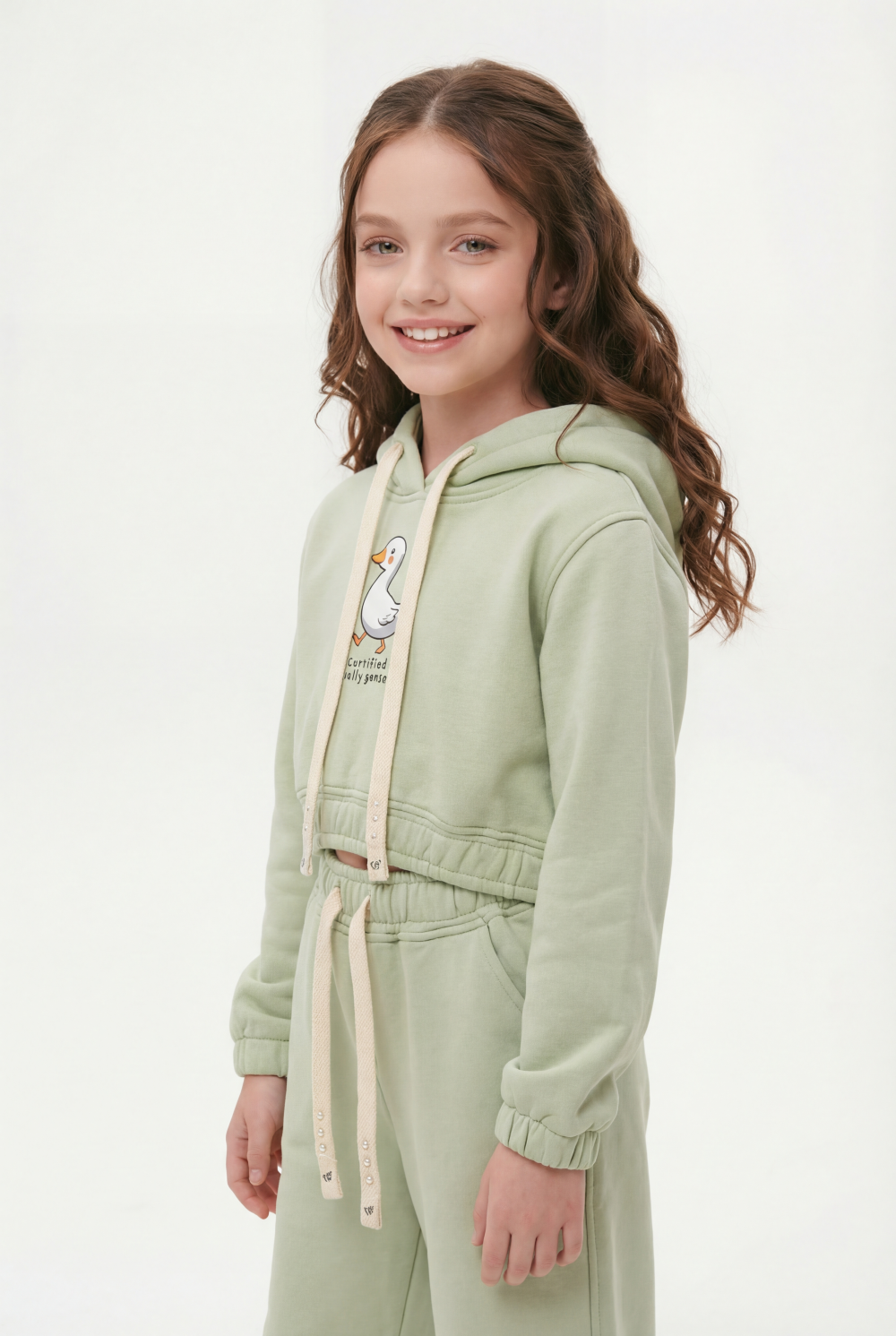 Girl's Tomato Store Slim Fit Outfit Set Hooded Playful Duck Graphic Drawstring Detail