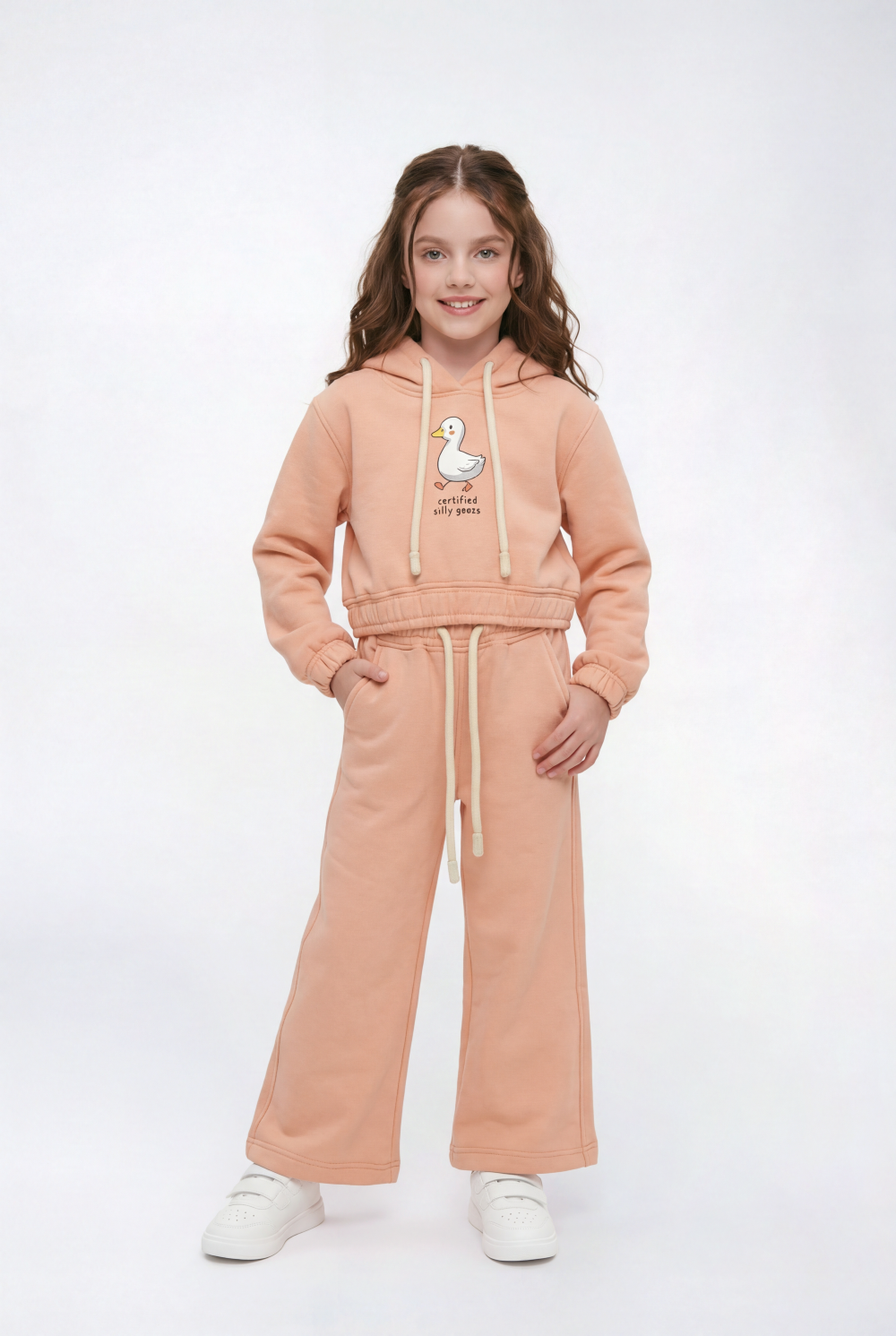 Girl's Tomato Store Slim Fit Outfit Set Hooded Playful Duck Graphic Drawstring Detail