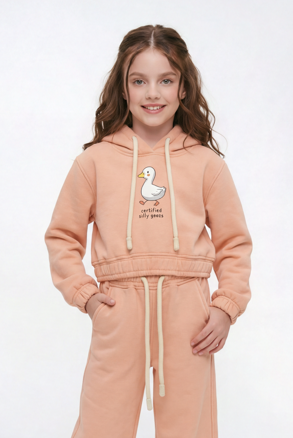 Girl's Tomato Store Slim Fit Outfit Set Hooded Playful Duck Graphic Drawstring Detail