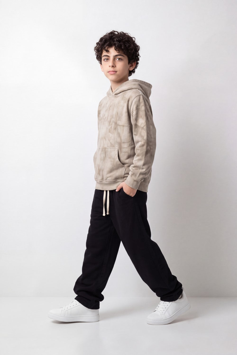 Boy's Tomato Store Winter Textured Fleece Hoodie Long Sleeve Tonal Plaid Pattern Kangaroo Pocket Slim Fit