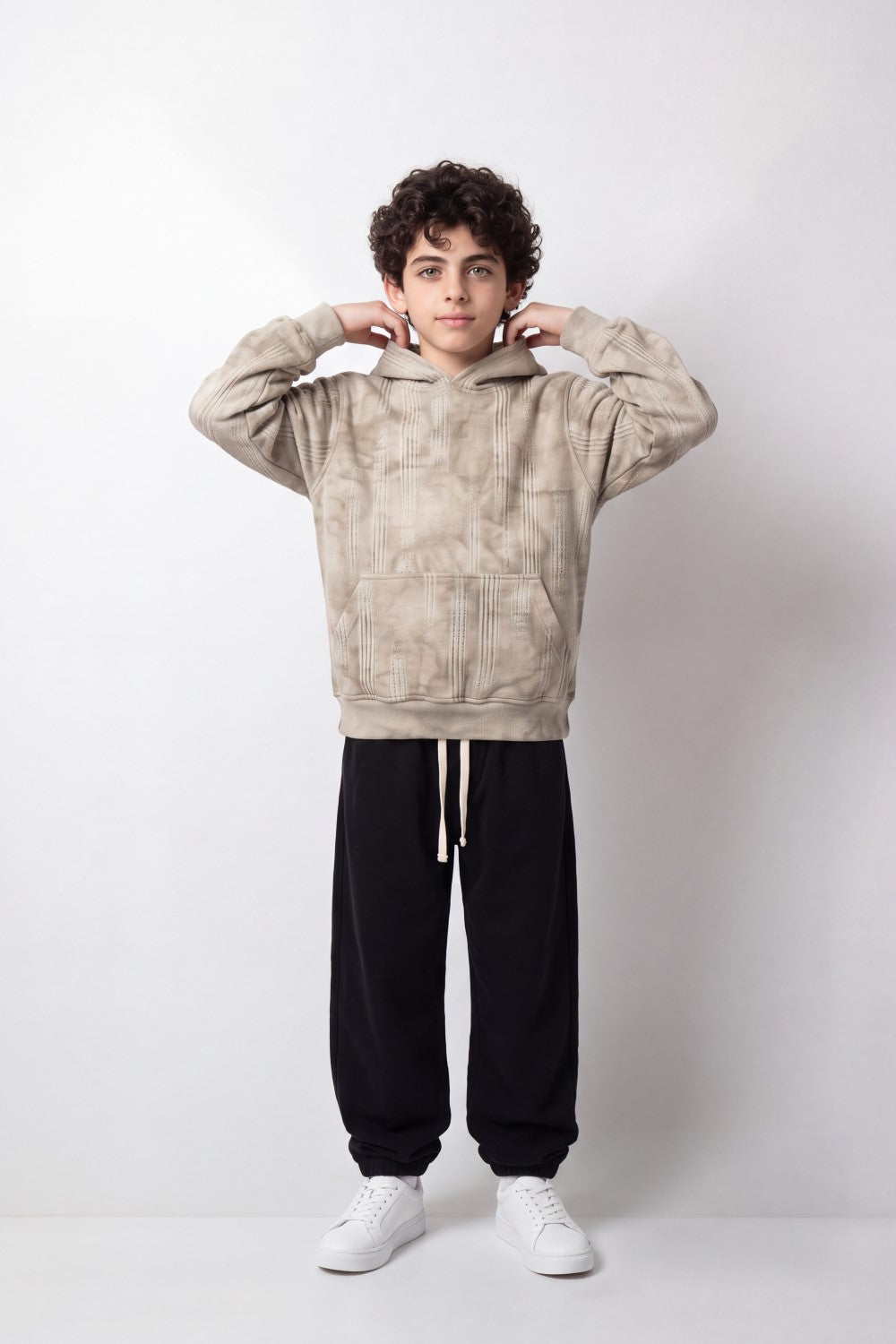Boy's Tomato Store Winter Textured Fleece Hoodie Long Sleeve Tonal Plaid Pattern Kangaroo Pocket Slim Fit