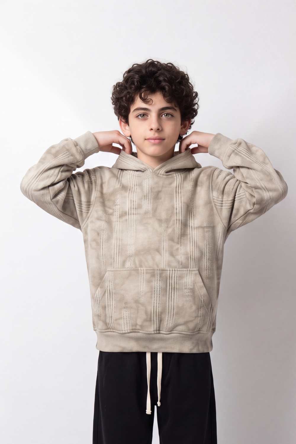 Boy's Tomato Store Winter Textured Fleece Hoodie Long Sleeve Tonal Plaid Pattern Kangaroo Pocket Slim Fit
