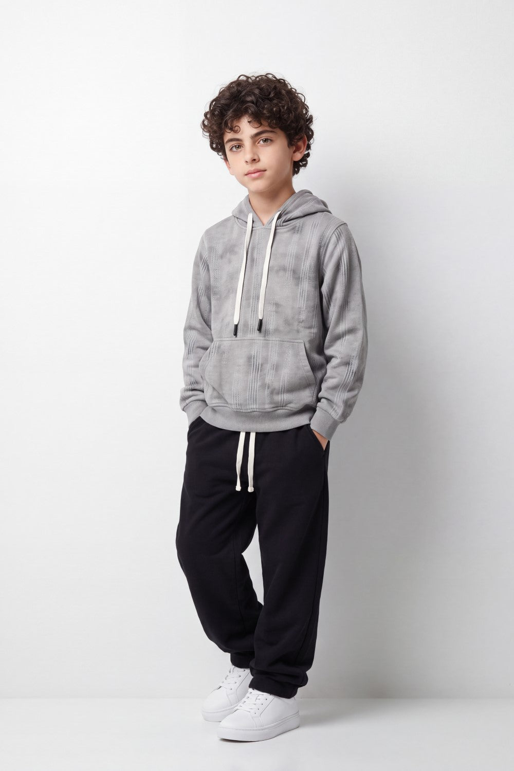 Boy's Tomato Store Winter Textured Fleece Hoodie Long Sleeve Tonal Plaid Pattern Kangaroo Pocket Slim Fit