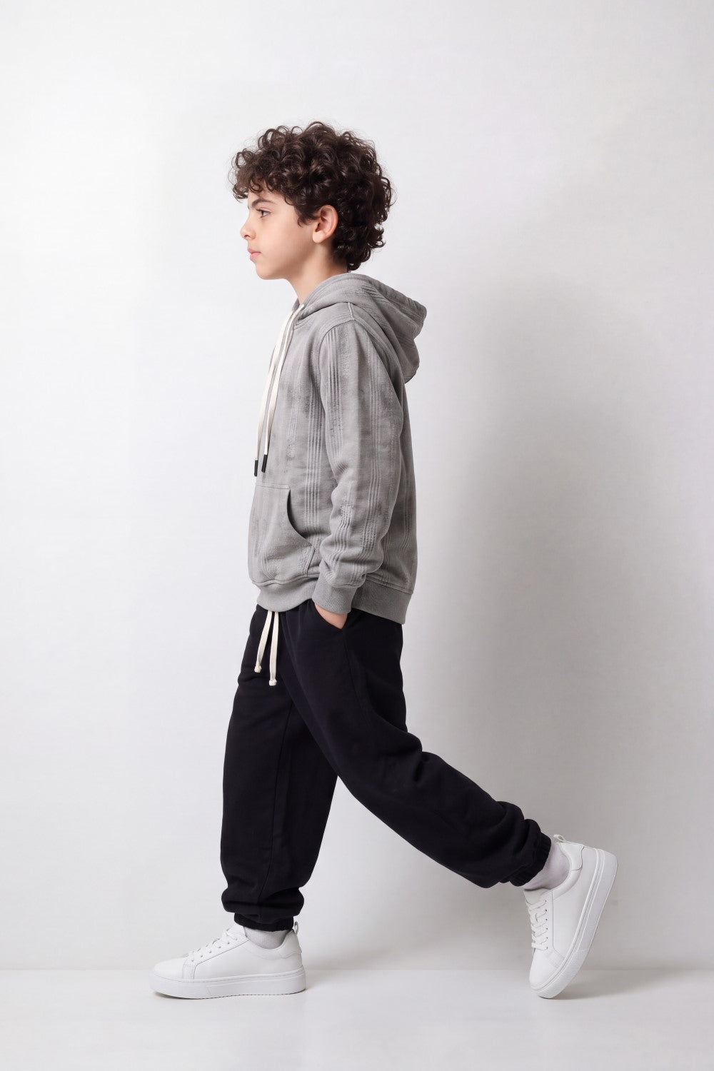Boy's Tomato Store Winter Textured Fleece Hoodie Long Sleeve Tonal Plaid Pattern Kangaroo Pocket Slim Fit