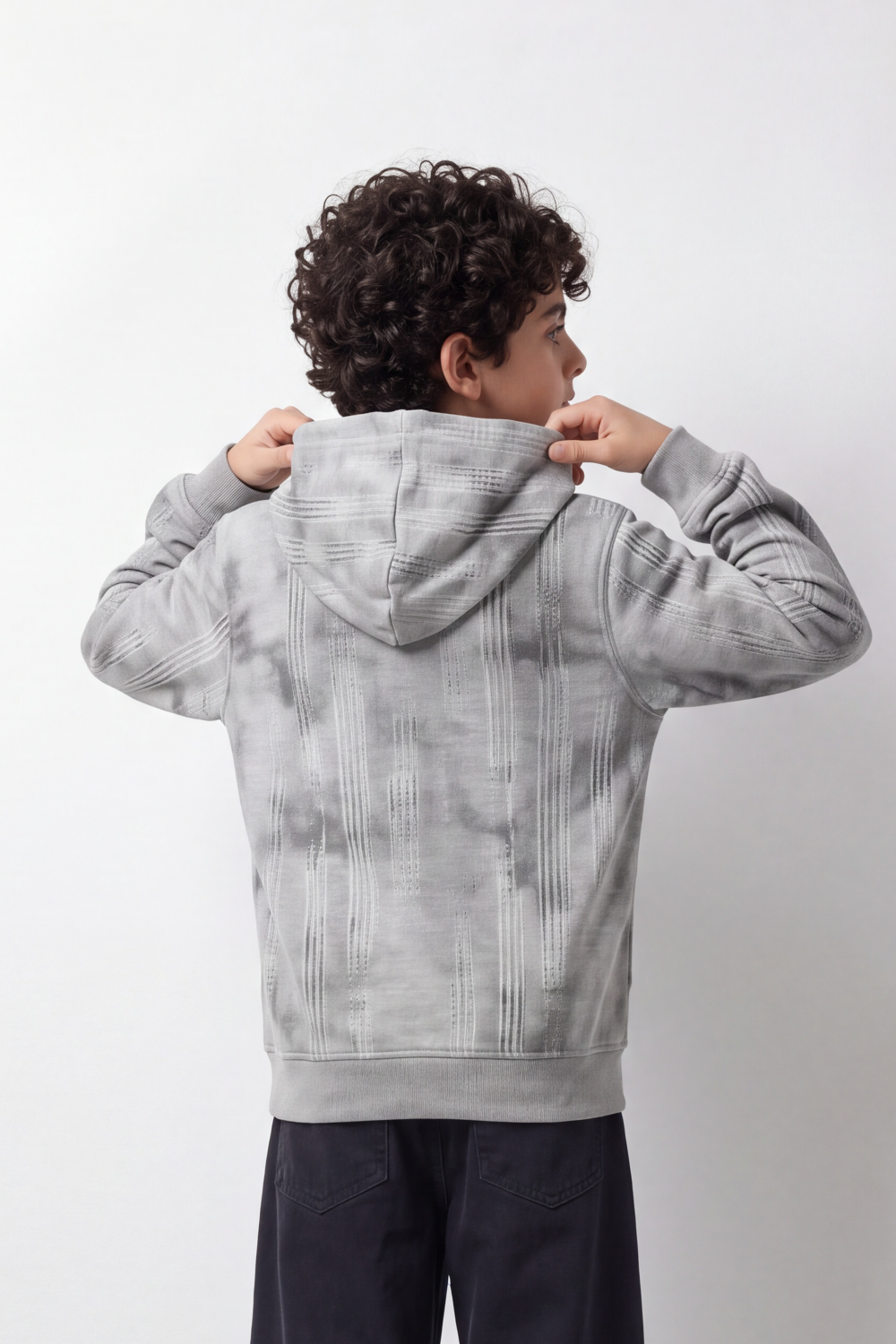 Boy's Tomato Store Winter Textured Fleece Hoodie Long Sleeve Tonal Plaid Pattern Kangaroo Pocket Slim Fit