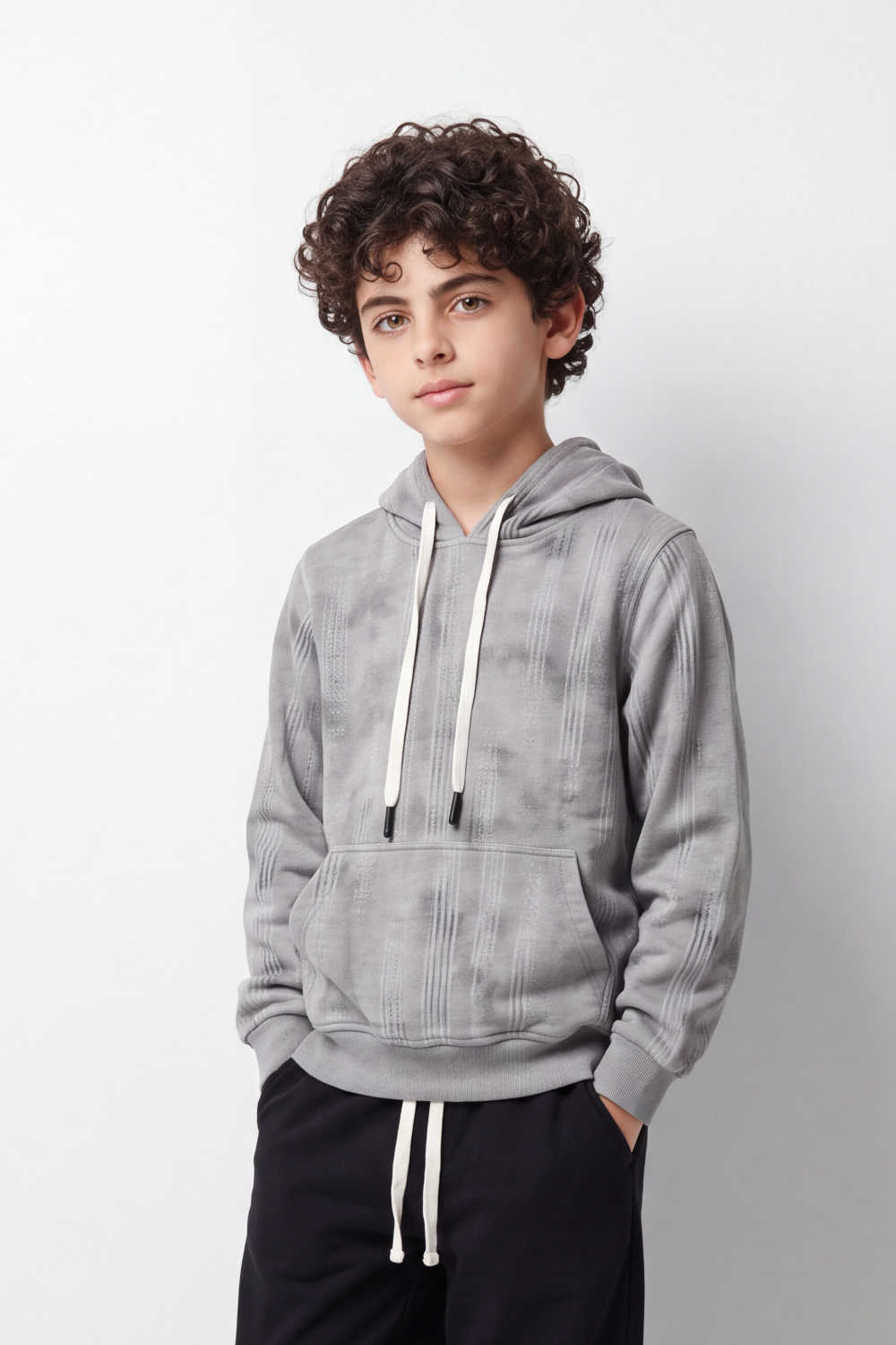 Boy's Tomato Store Winter Textured Fleece Hoodie Long Sleeve Tonal Plaid Pattern Kangaroo Pocket Slim Fit