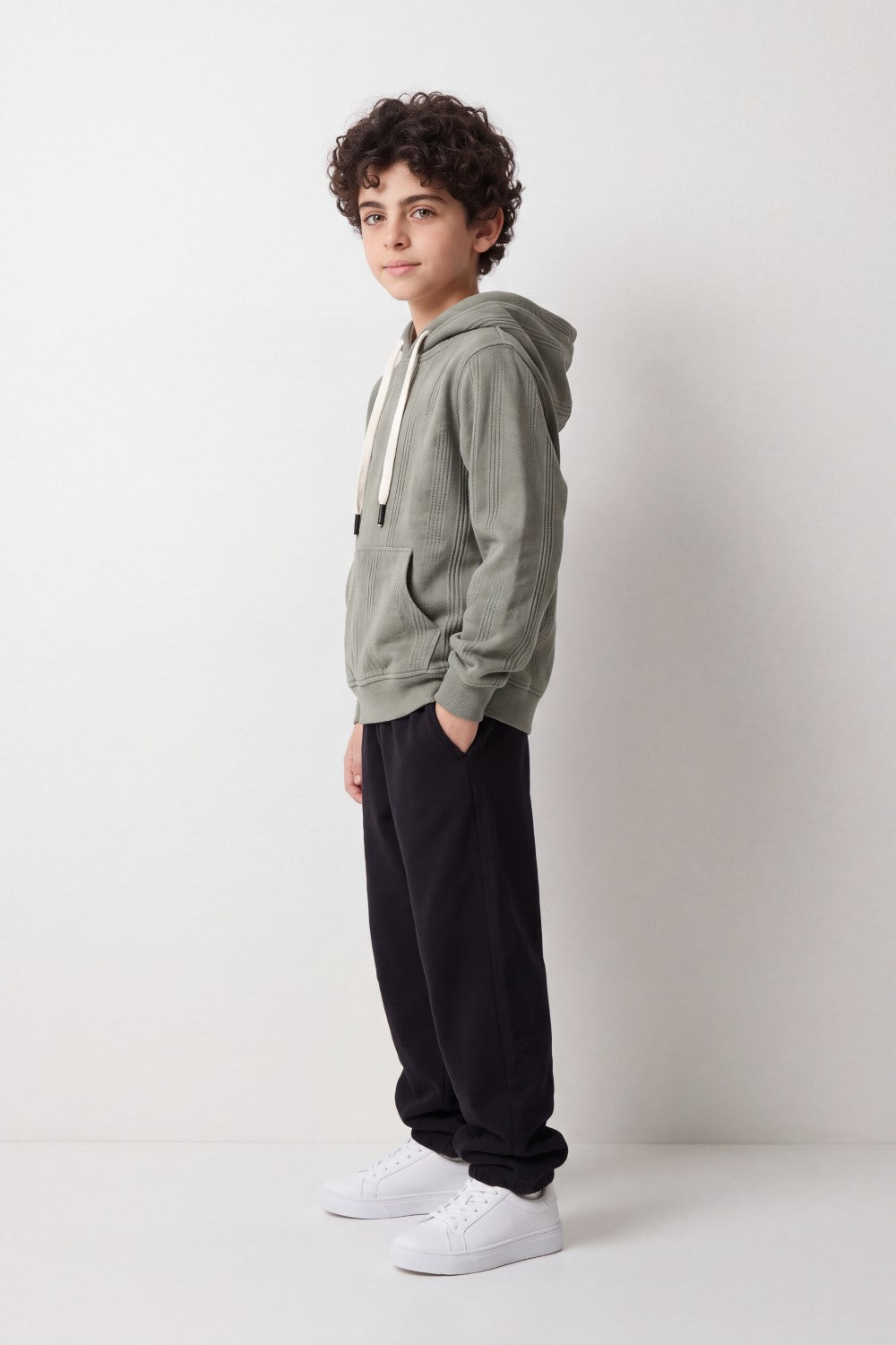 Boy's Tomato Store Winter Textured Fleece Hoodie Long Sleeve Tonal Plaid Pattern Kangaroo Pocket Slim Fit