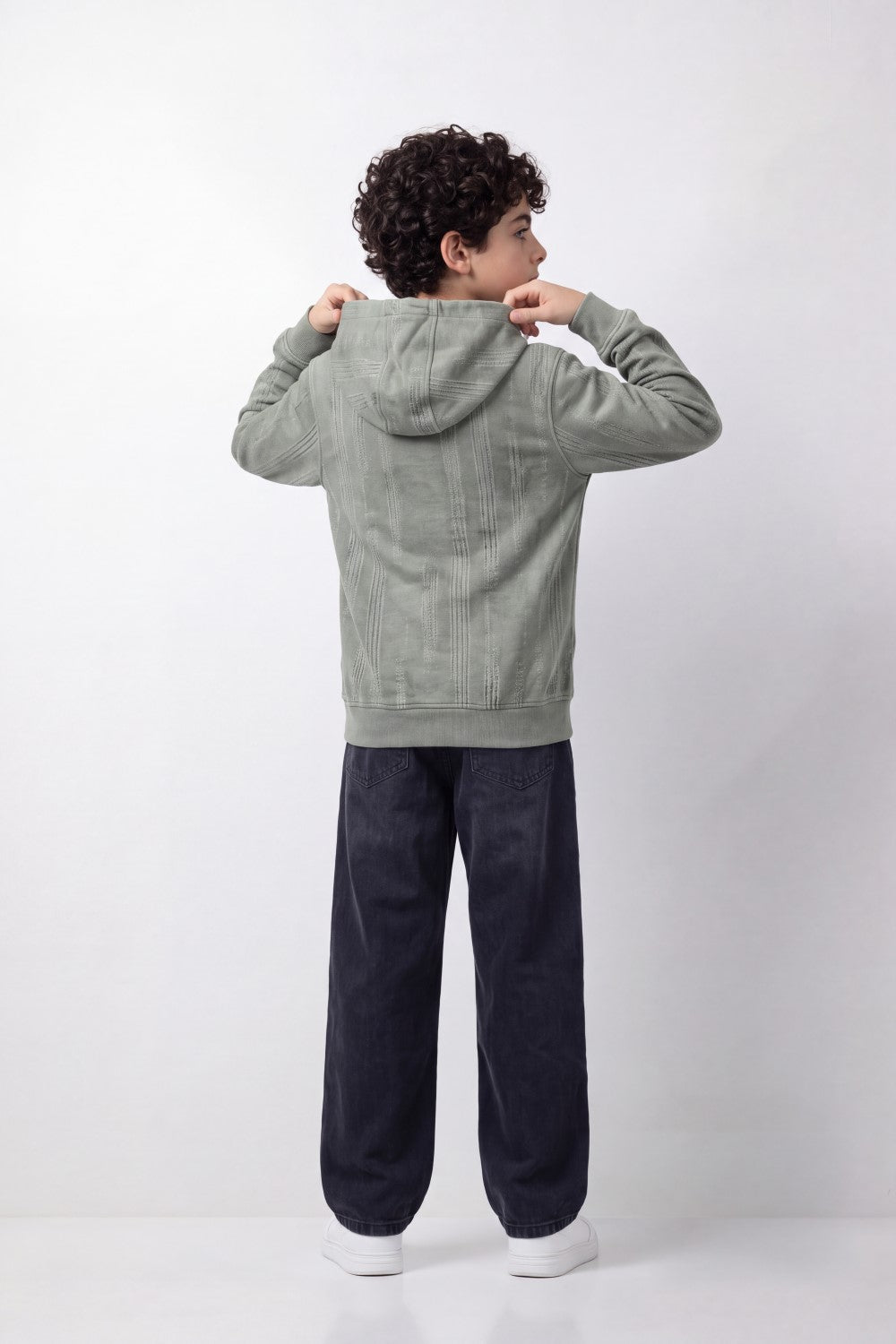 Boy's Tomato Store Winter Textured Fleece Hoodie Long Sleeve Tonal Plaid Pattern Kangaroo Pocket Slim Fit