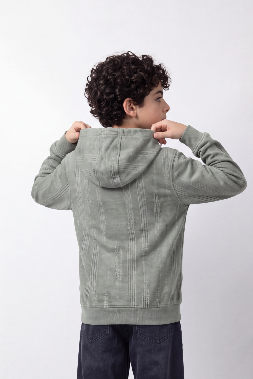 Boy's Tomato Store Winter Textured Fleece Hoodie Long Sleeve Tonal Plaid Pattern Kangaroo Pocket Slim Fit