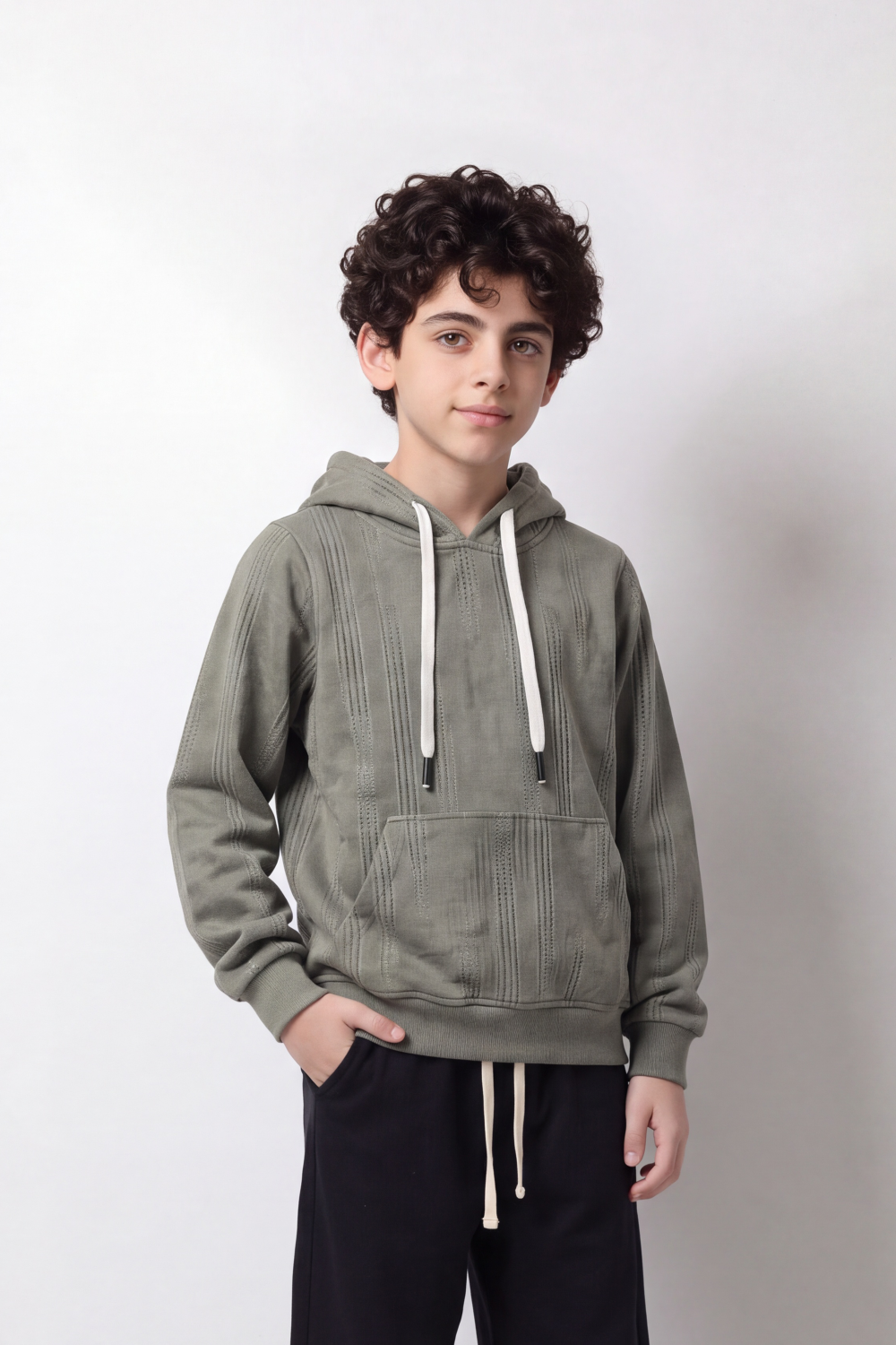 Boy's Tomato Store Winter Textured Fleece Hoodie Long Sleeve Tonal Plaid Pattern Kangaroo Pocket Slim Fit