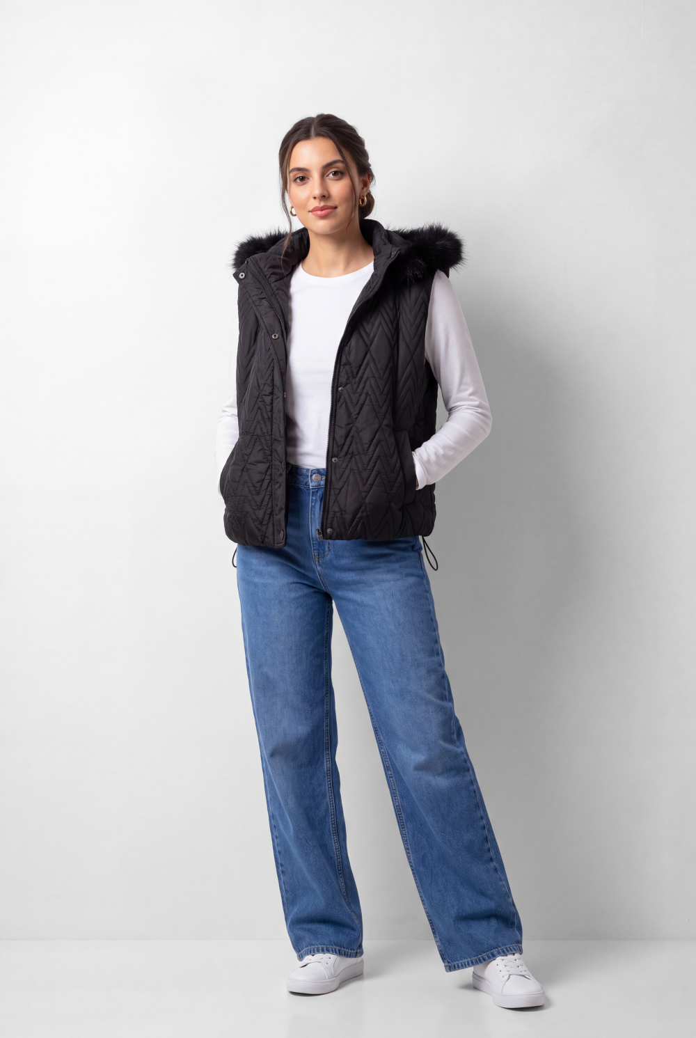 Women's Tomato Store Puffer Vest Sleeveless Hooded Design Faux Fur Trim Snap Front Side Pockets