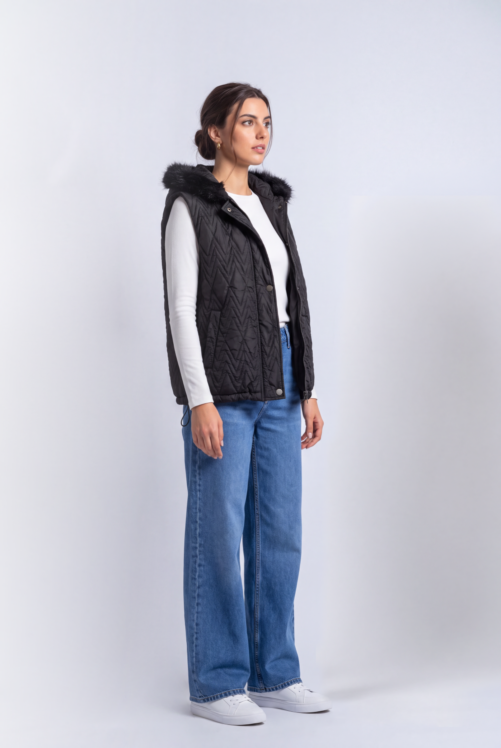 Women's Tomato Store Puffer Vest Sleeveless Hooded Design Faux Fur Trim Snap Front Side Pockets