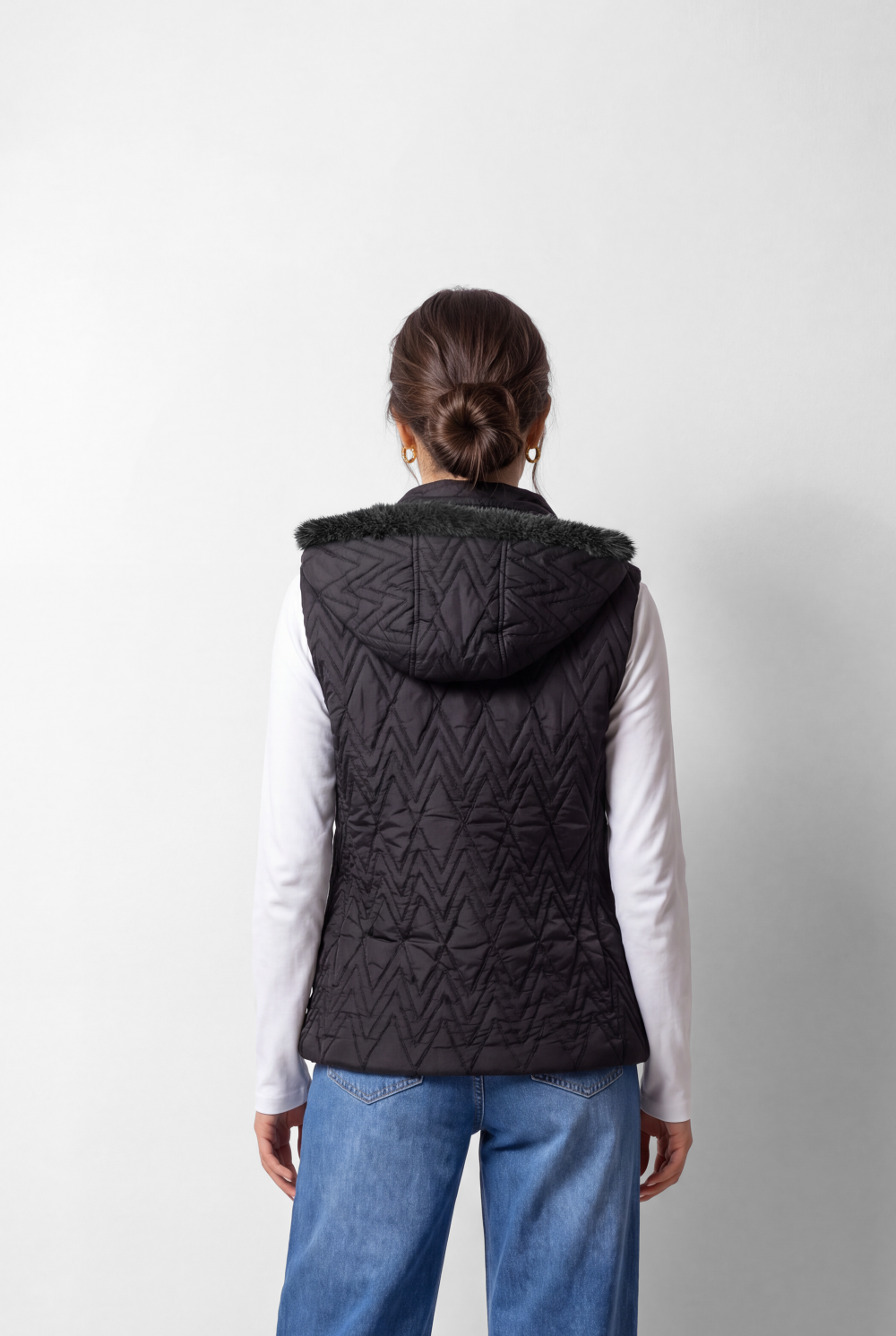 Women's Tomato Store Puffer Vest Sleeveless Hooded Design Faux Fur Trim Snap Front Side Pockets
