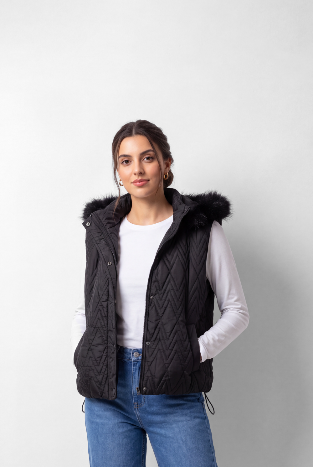 Women's Tomato Store Puffer Vest Sleeveless Hooded Design Faux Fur Trim Snap Front Side Pockets