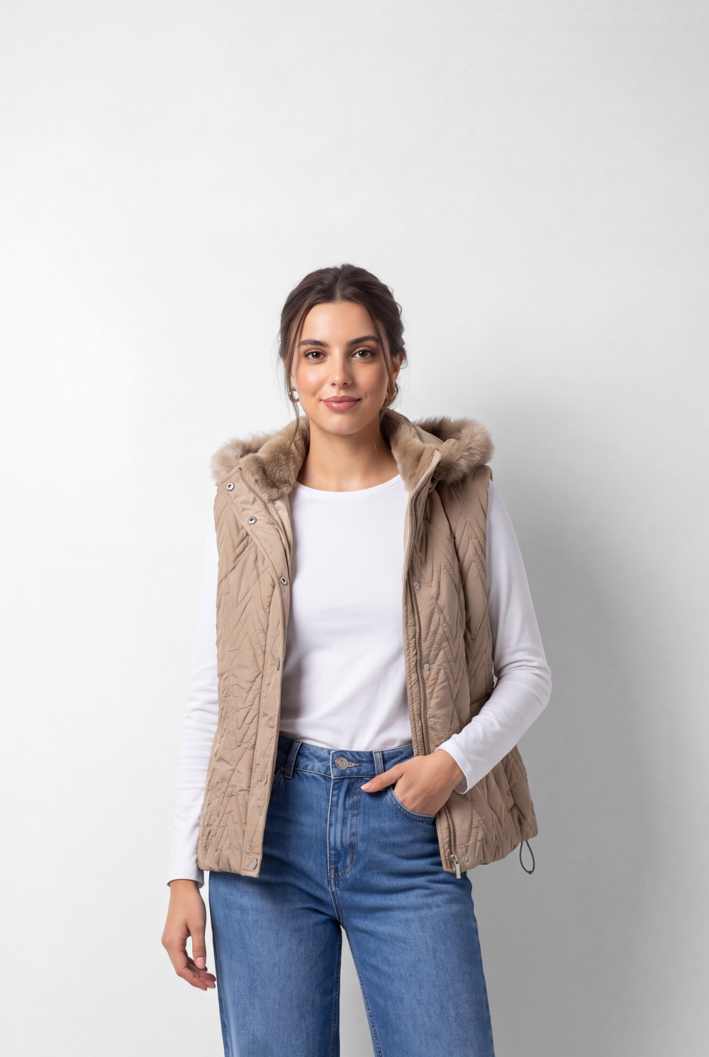 Women's Tomato Store Puffer Vest Sleeveless Hooded Design Faux Fur Trim Snap Front Side Pockets