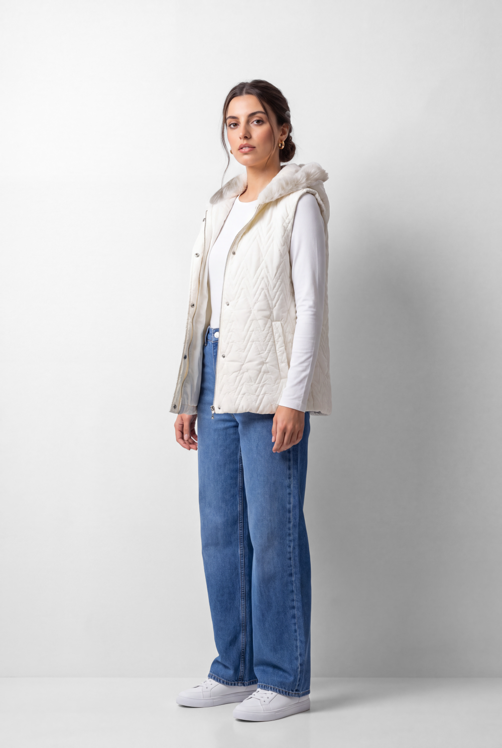 Women's Tomato Store Puffer Vest Sleeveless Hooded Design Faux Fur Trim Snap Front Side Pockets