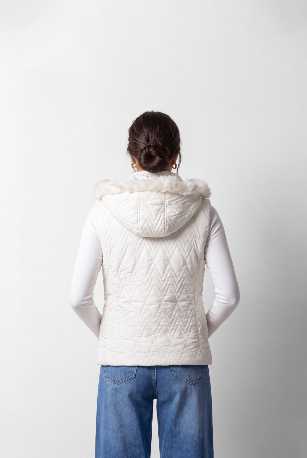 Women's Tomato Store Puffer Vest Sleeveless Hooded Design Faux Fur Trim Snap Front Side Pockets