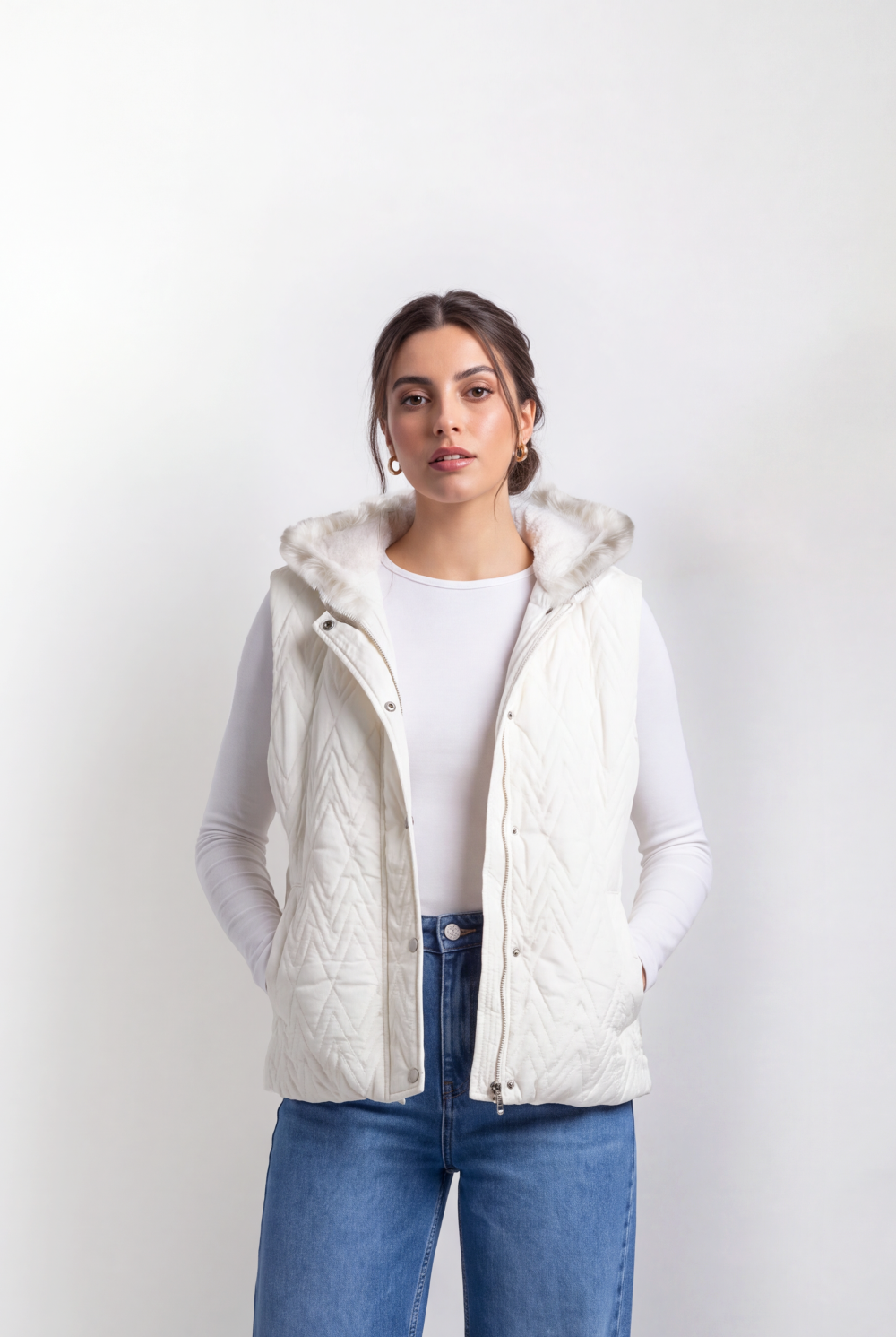 Women's Tomato Store Puffer Vest Sleeveless Hooded Design Faux Fur Trim Snap Front Side Pockets