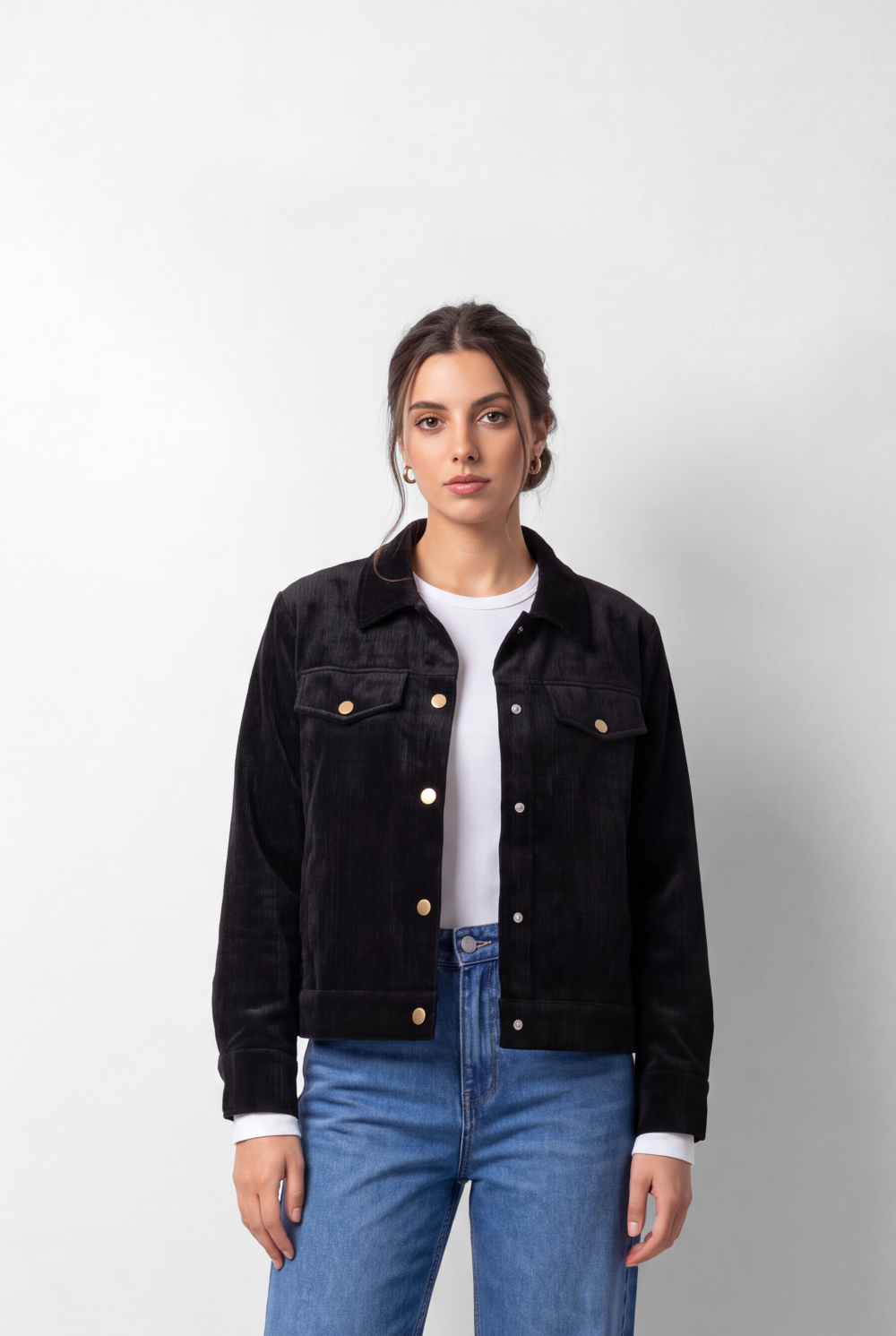 Women's Tomato Store Winter Corduroy Velvet Shirt Classic Collar Gold Snap Button