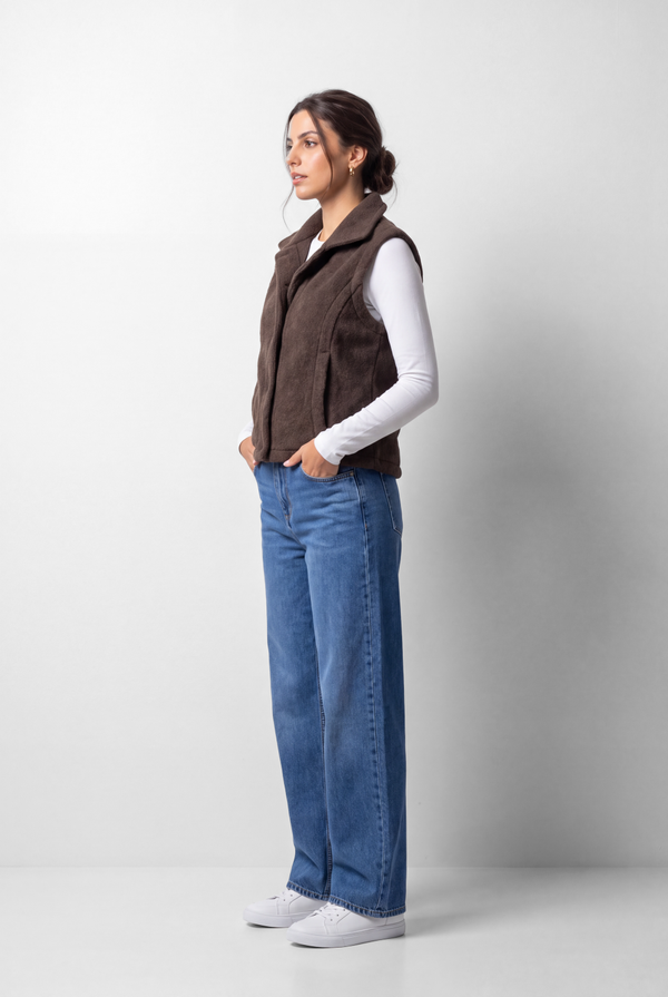 Women's Tomato Store Velvet Vest Sleeveless Wide Collar Snap Button Front Side Pockets Soft Textured Finish