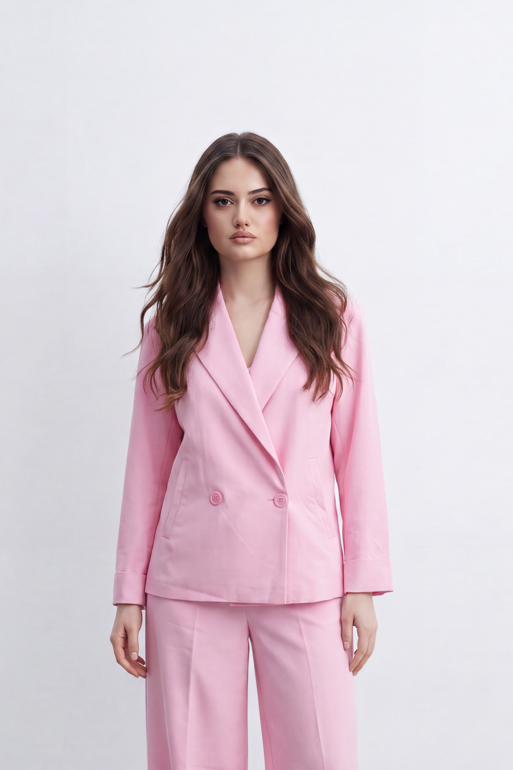 Women’s Tomato Store Soft Formal Outfit Tailored Co-Ord Set Plain Matte Surface Double Button Wrap Detail Wide Leg Shape Front Pleat Lines