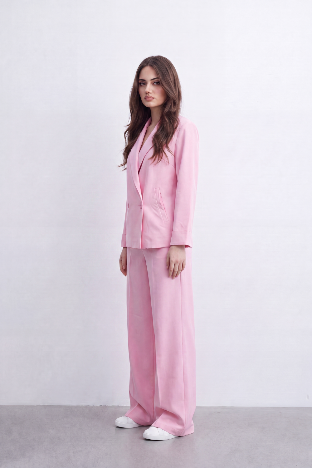 Women’s Tomato Store Soft Formal Outfit Tailored Co-Ord Set Plain Matte Surface Double Button Wrap Detail Wide Leg Shape Front Pleat Lines
