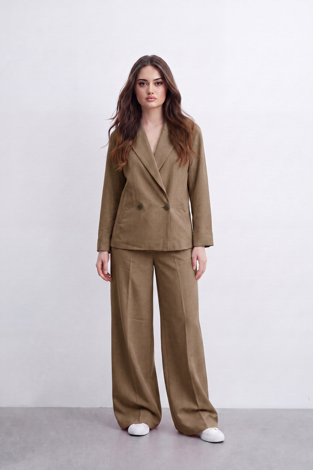 Women’s Tomato Store Soft Formal Outfit Tailored Co-Ord Set Plain Matte Surface Double Button Wrap Detail Wide Leg Shape Front Pleat Lines