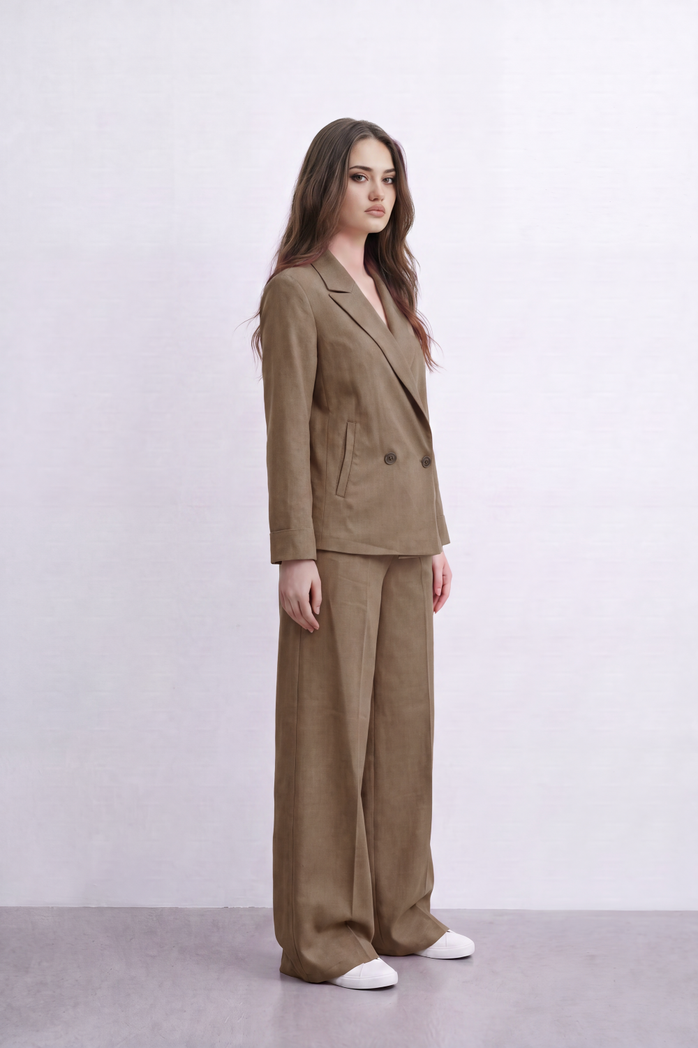 Women’s Tomato Store Soft Formal Outfit Tailored Co-Ord Set Plain Matte Surface Double Button Wrap Detail Wide Leg Shape Front Pleat Lines
