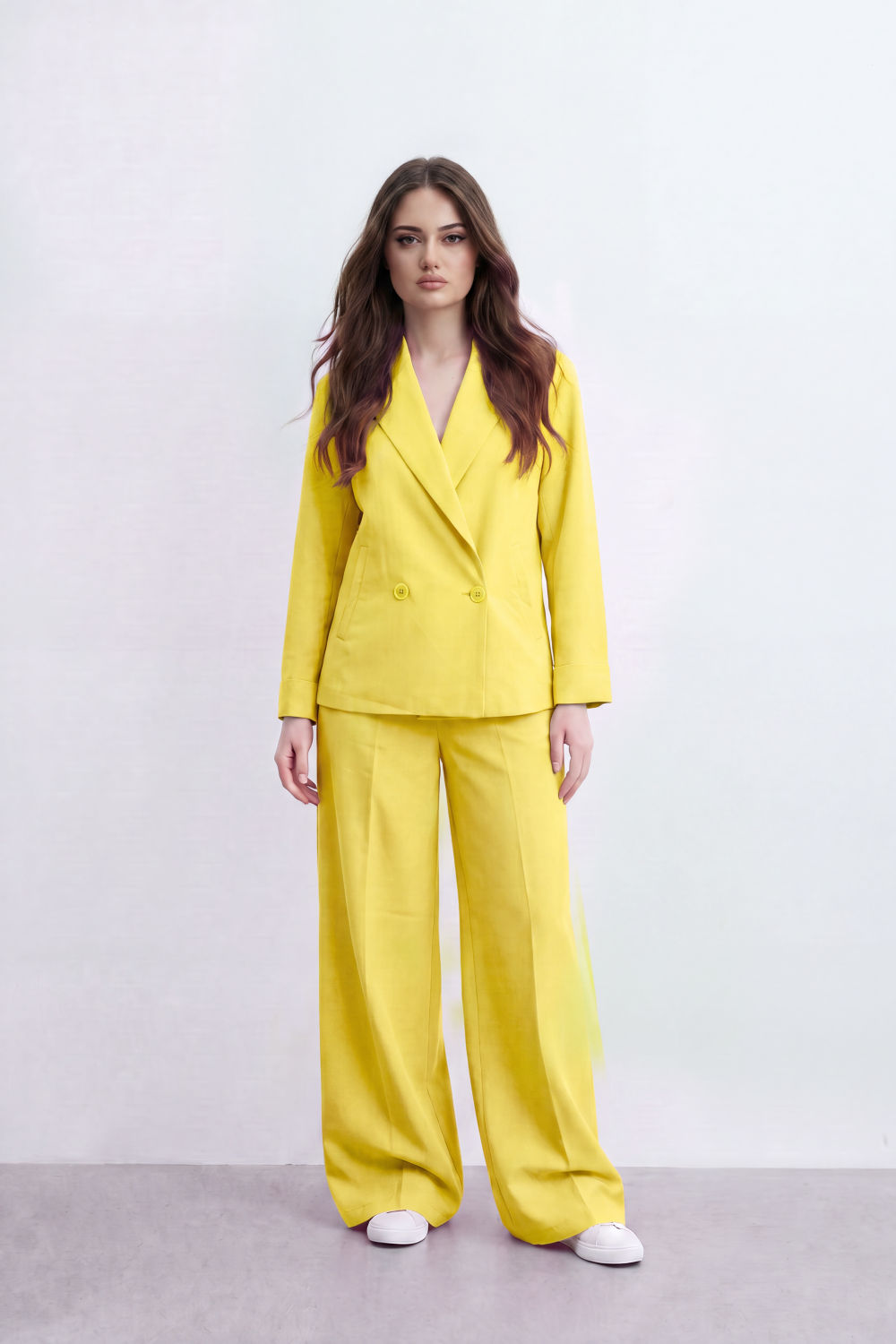 Women’s Tomato Store Soft Formal Outfit Tailored Co-Ord Set Plain Matte Surface Double Button Wrap Detail Wide Leg Shape Front Pleat Lines