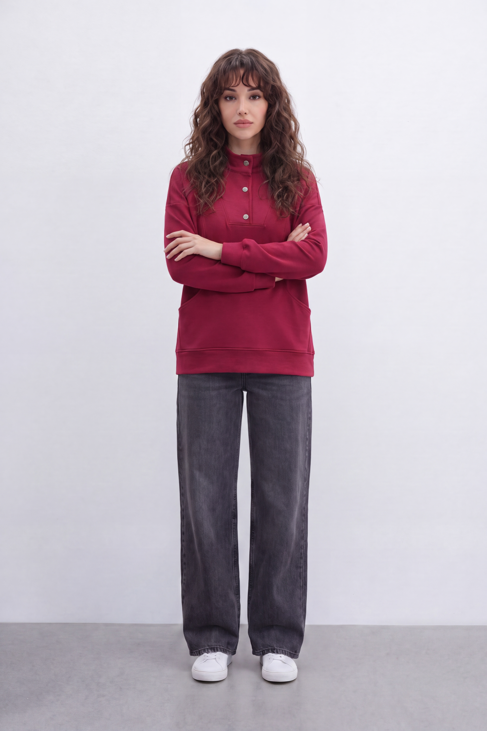 Women’s Tomato Store Snap Panel Sweatshirt Smooth Matte Surface With Front Button Placket Detail Relaxed