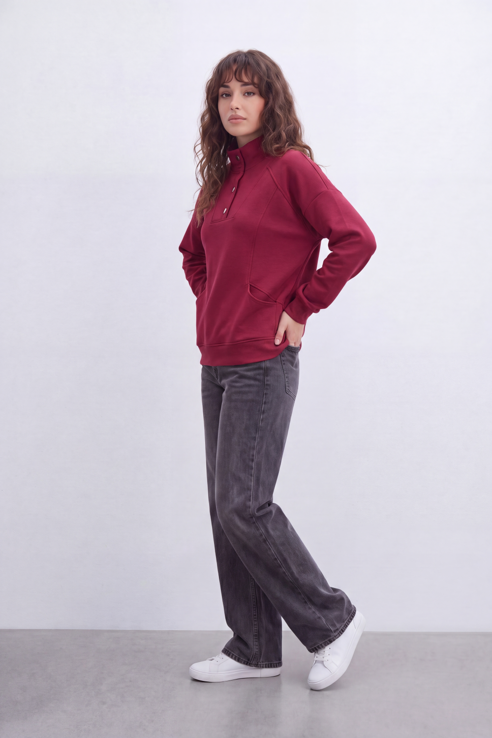 Women’s Tomato Store Snap Panel Sweatshirt Smooth Matte Surface With Front Button Placket Detail Relaxed