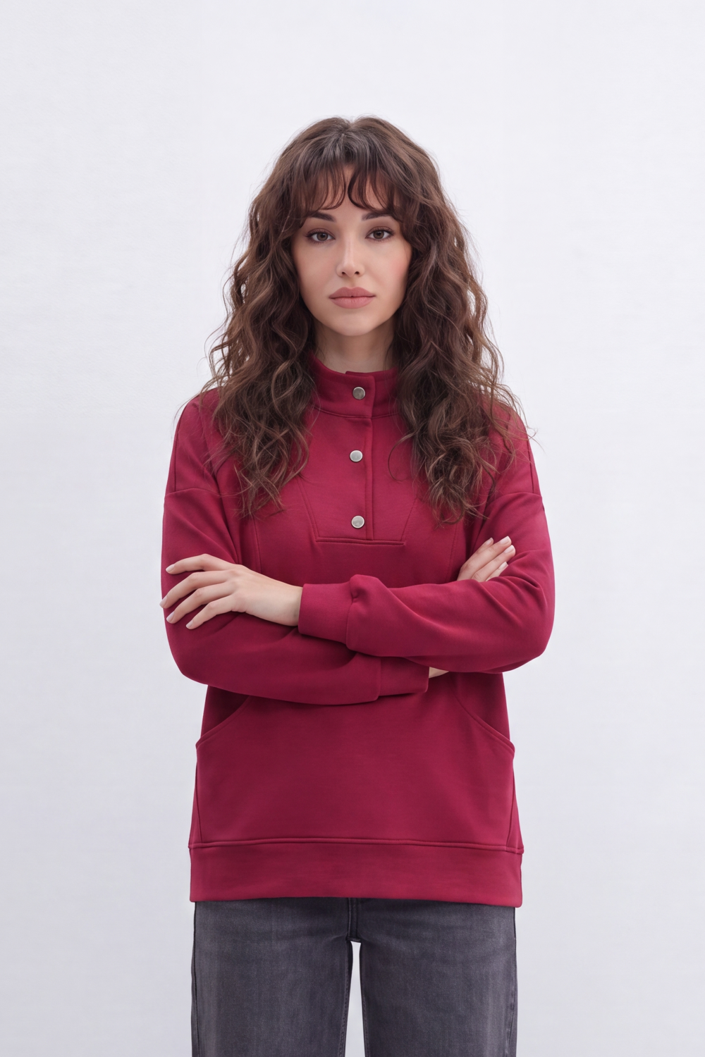 Women’s Tomato Store Snap Panel Sweatshirt Smooth Matte Surface With Front Button Placket Detail Relaxed