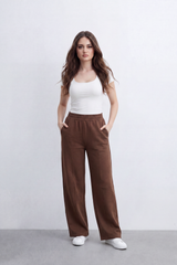 Women’s Tomato Store Air Column Wide Sweatpants Washed Plain Surface Front Seam Lines Elastic Waist Side Pockets Relaxed