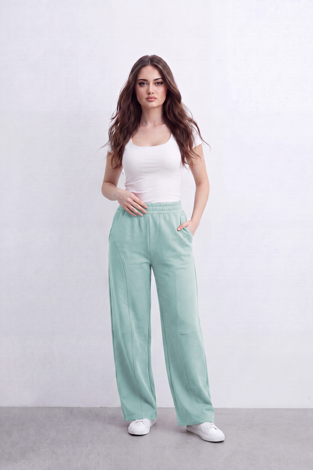 Women’s Tomato Store Air Column Wide Sweatpants Washed Plain Surface Front Seam Lines Elastic Waist Side Pockets Relaxed