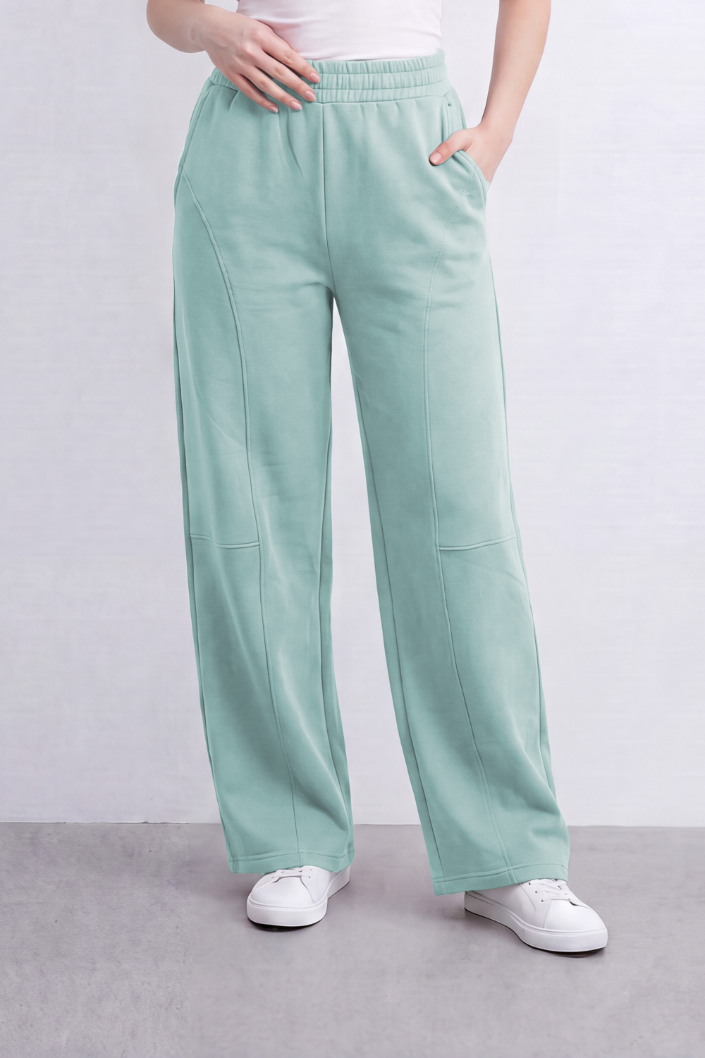Women’s Tomato Store Air Column Wide Sweatpants Washed Plain Surface Front Seam Lines Elastic Waist Side Pockets Relaxed