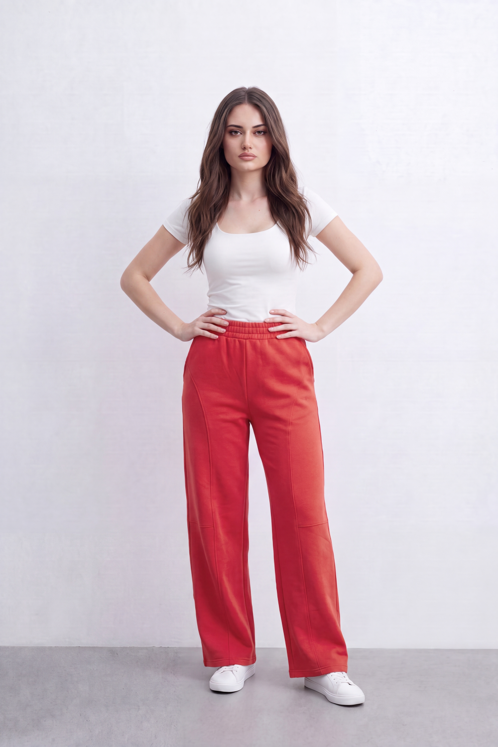 Women’s Tomato Store Air Column Wide Sweatpants Washed Plain Surface Front Seam Lines Elastic Waist Side Pockets Relaxed