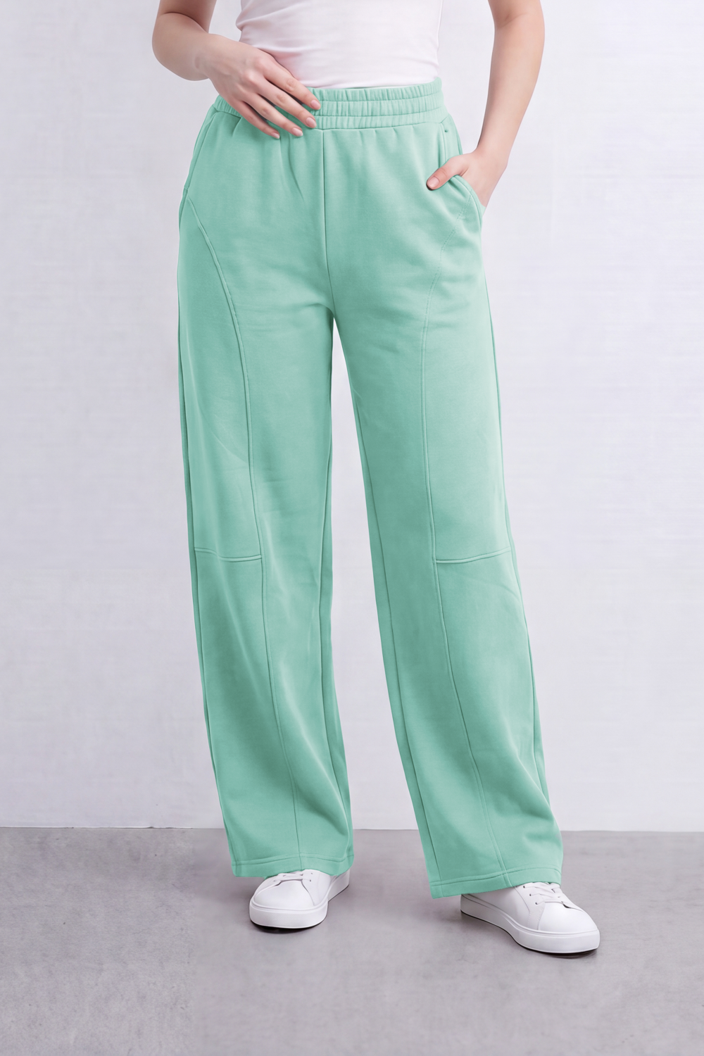 Women’s Tomato Store Air Column Wide Sweatpants Washed Plain Surface Front Seam Lines Elastic Waist Side Pockets Relaxed