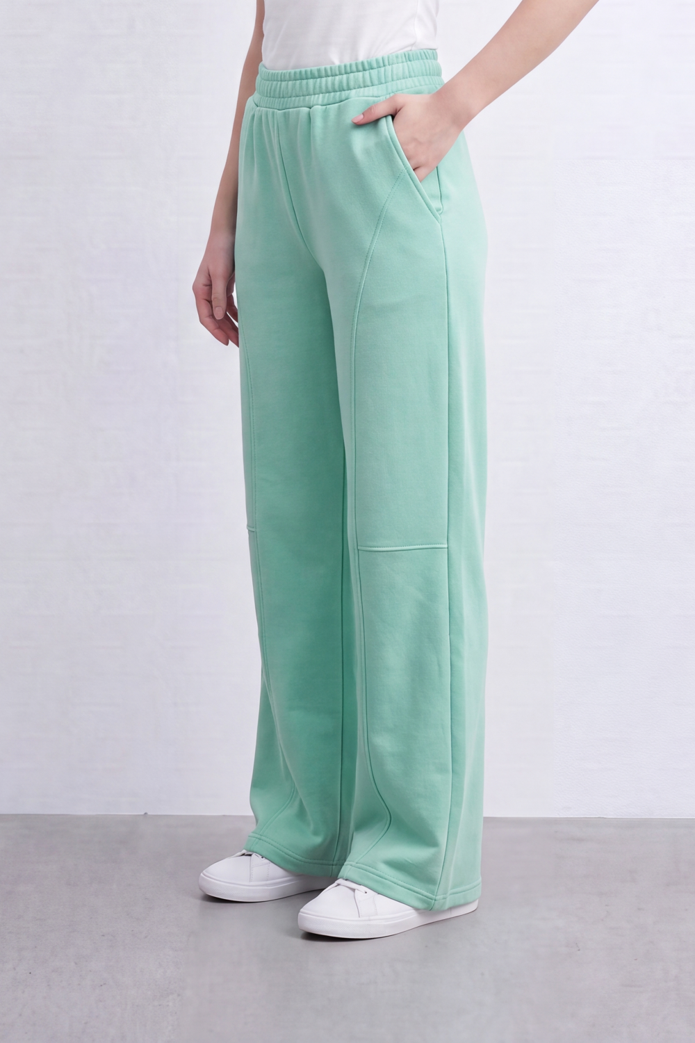 Women’s Tomato Store Air Column Wide Sweatpants Washed Plain Surface Front Seam Lines Elastic Waist Side Pockets Relaxed