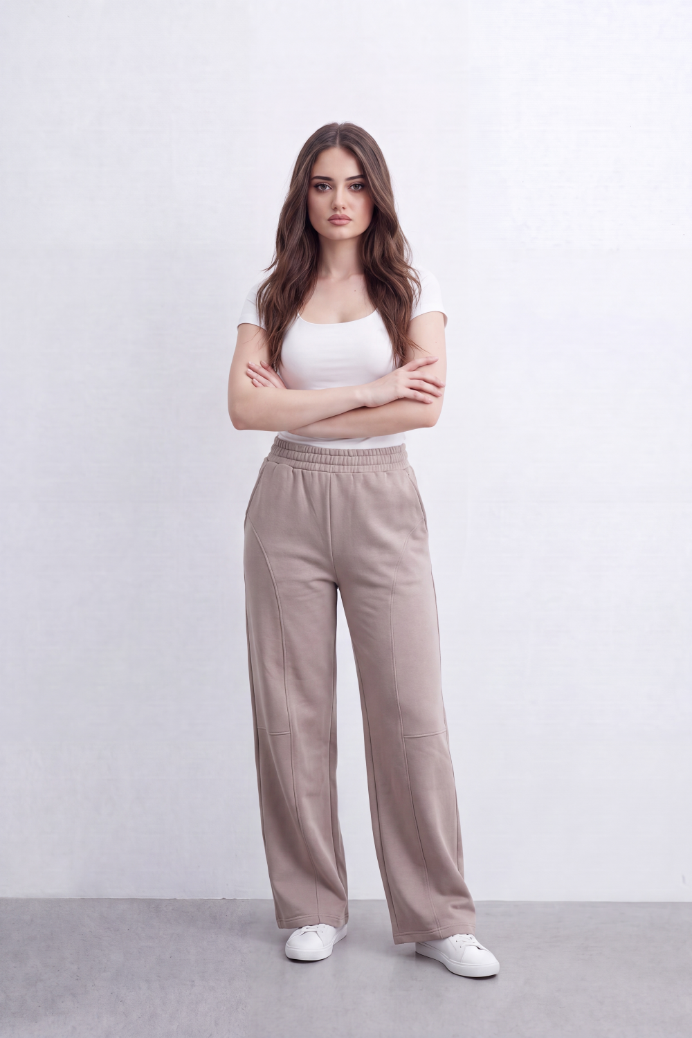 Women’s Tomato Store Air Column Wide Sweatpants Washed Plain Surface Front Seam Lines Elastic Waist Side Pockets Relaxed