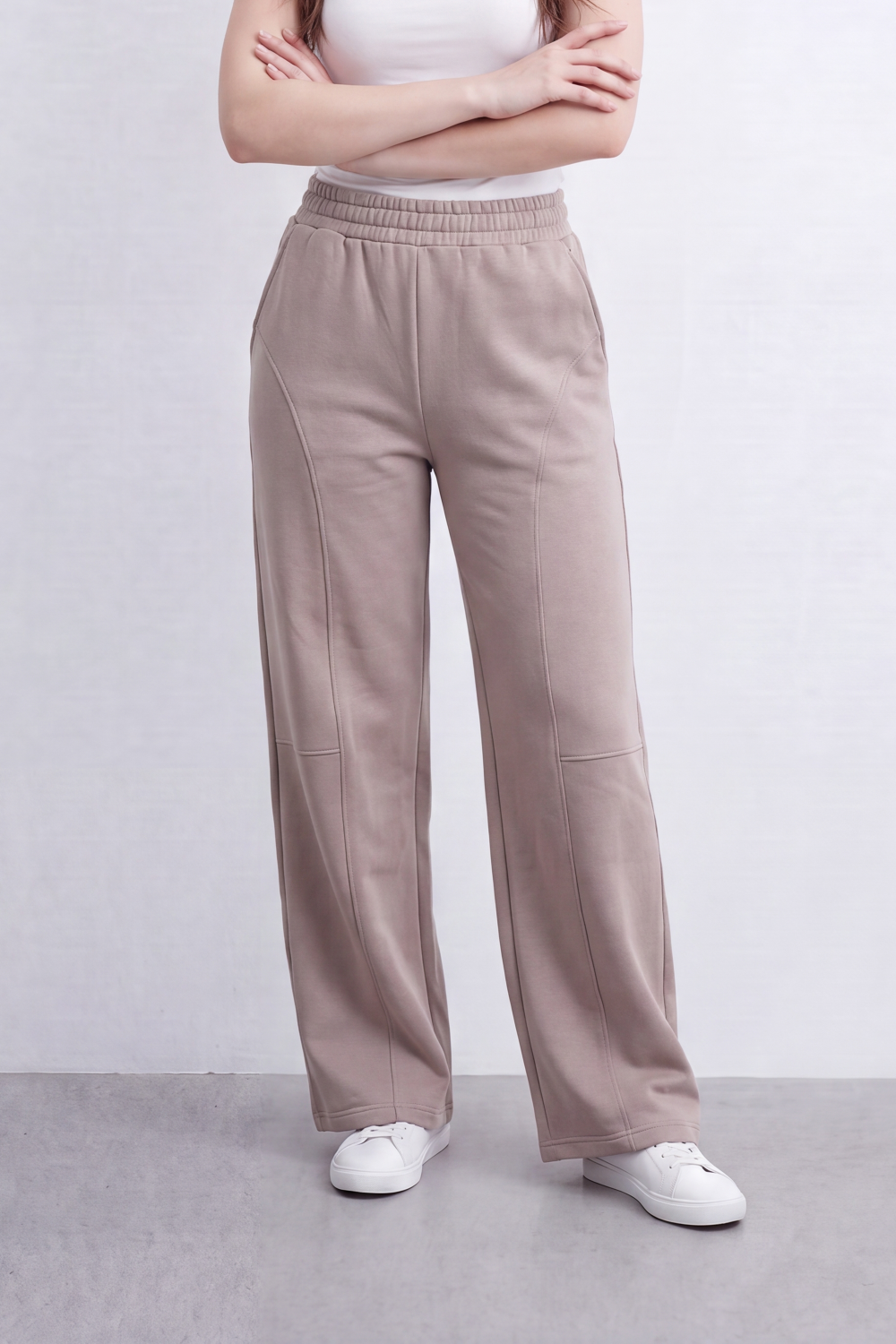Women’s Tomato Store Air Column Wide Sweatpants Washed Plain Surface Front Seam Lines Elastic Waist Side Pockets Relaxed