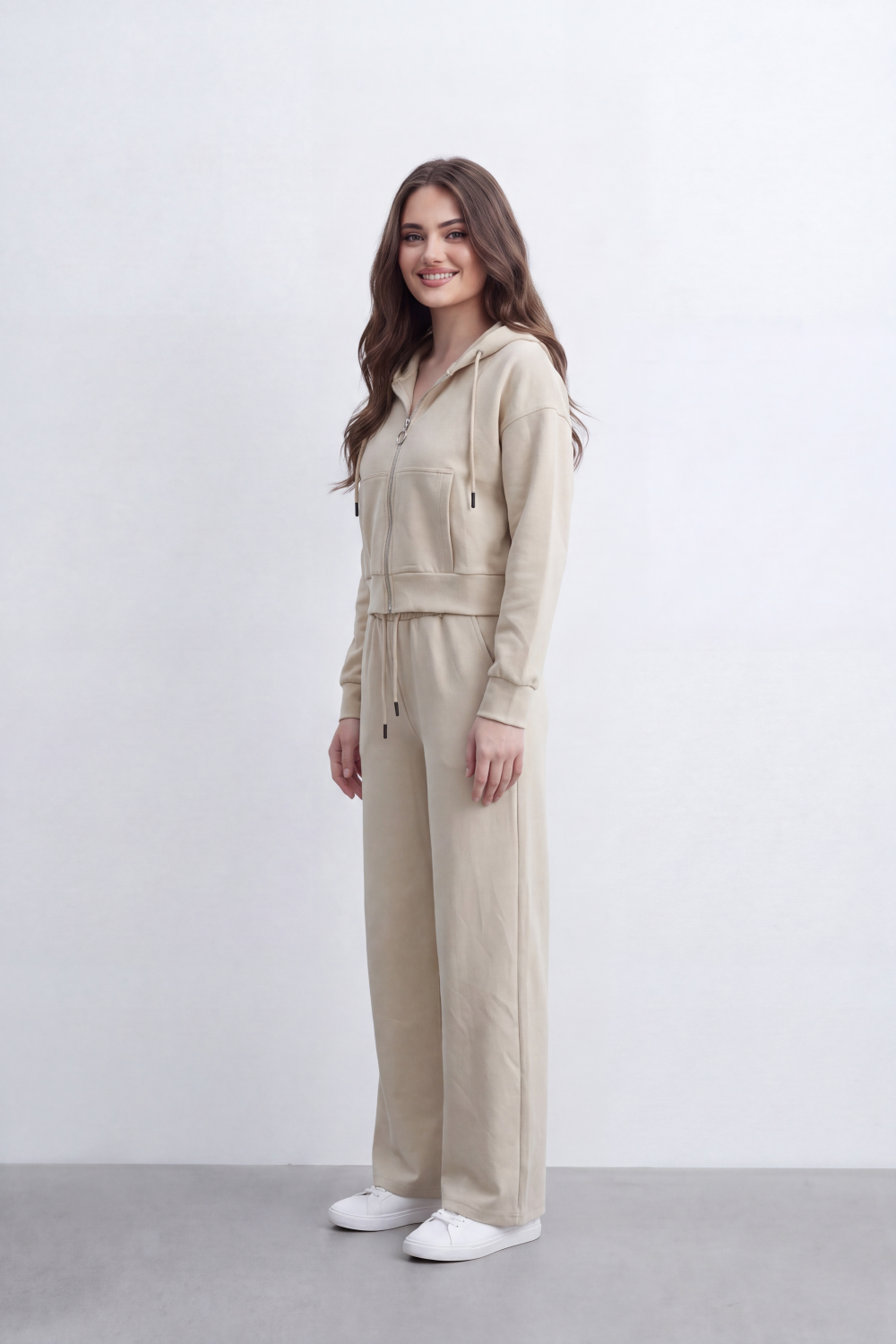 Women's Tomato Store Soft Brushed Knit Co-Ord Set Zip-Front Detail Drawstring Waist
