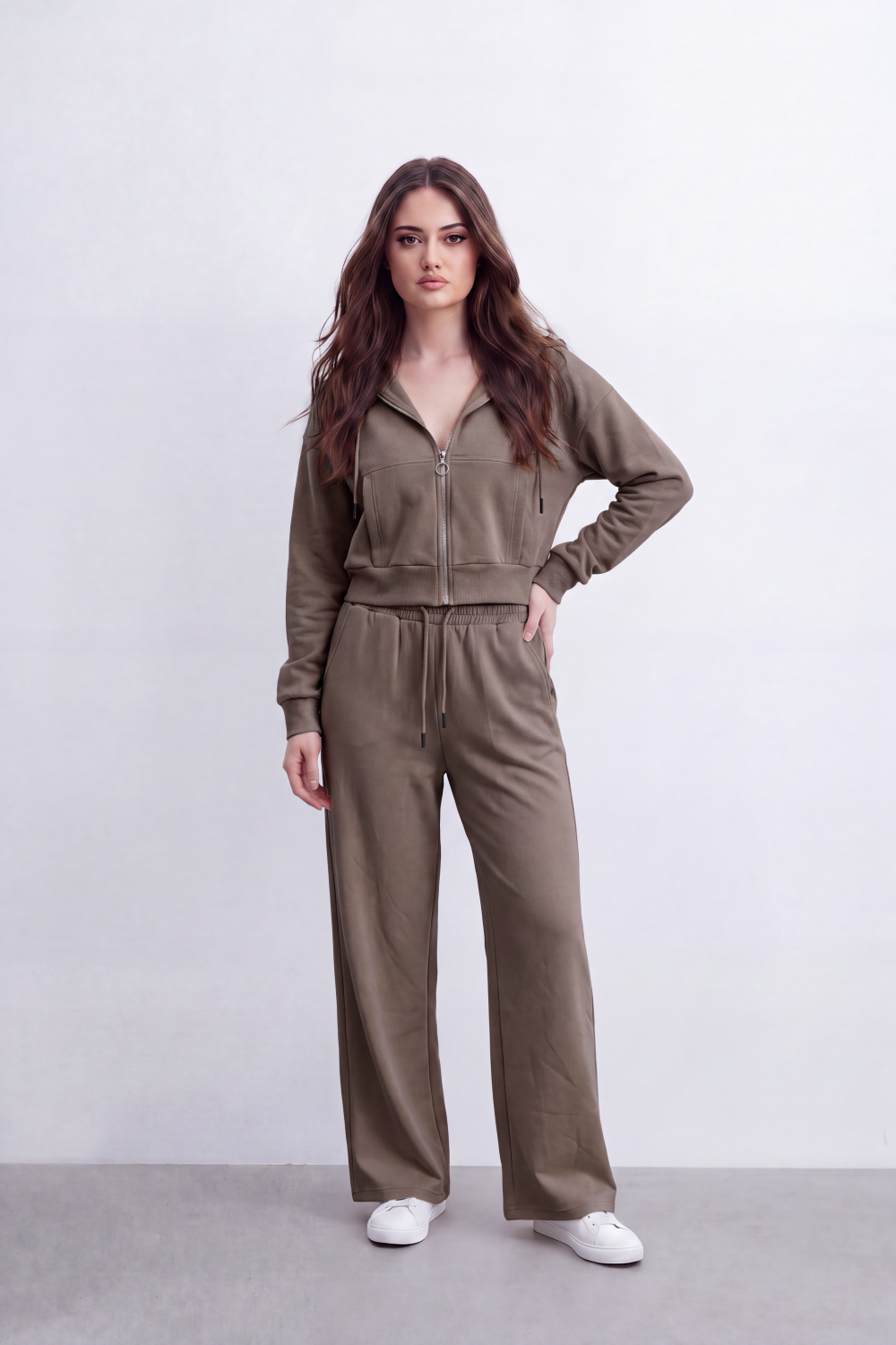 Women's Tomato Store Soft Brushed Knit Co-Ord Set Zip-Front Detail Drawstring Waist